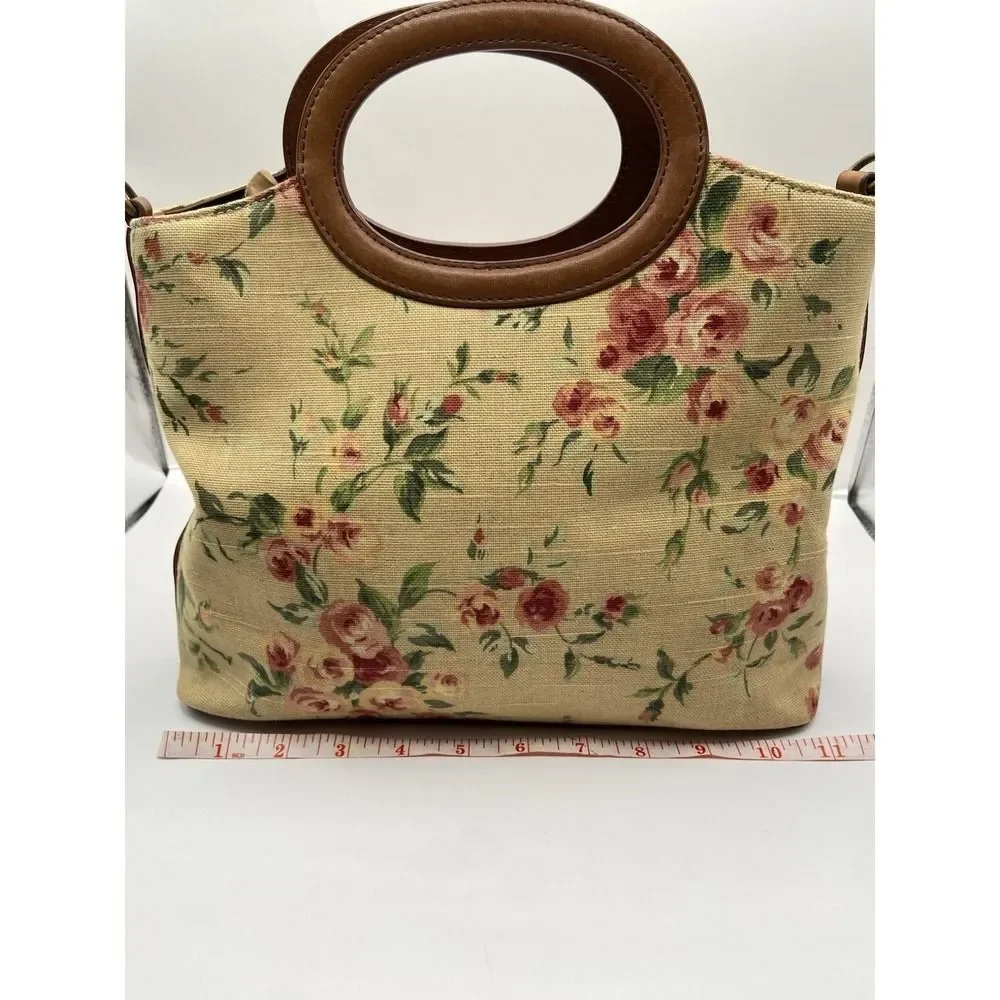 Fossil‎ Floral Canvas Top Handle Satchel Bag w/ Leather Trim & Strap